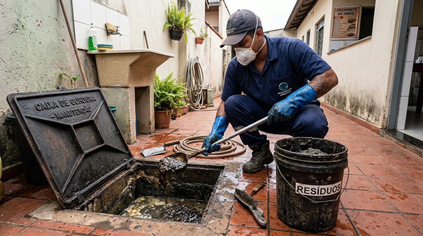 Remoção de resíduos da caixa de gordura em Jundiaí‑SP
